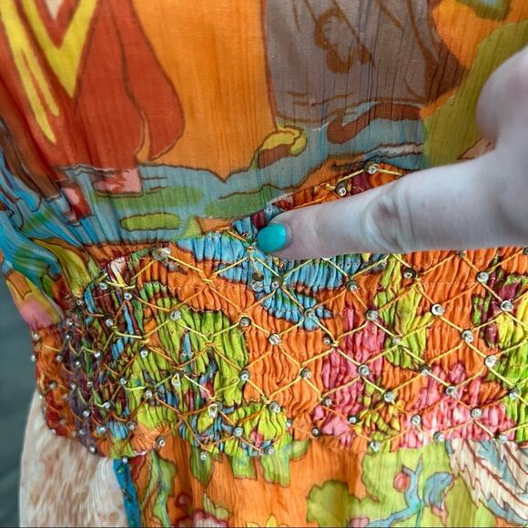 Y2K Boho Beaded Asian Orange Floral Spaghetti Strap Dress size M - Picture 6 of 7